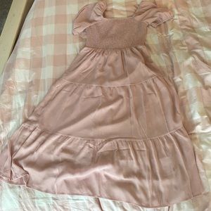 Pink puff sleeve shirred dress